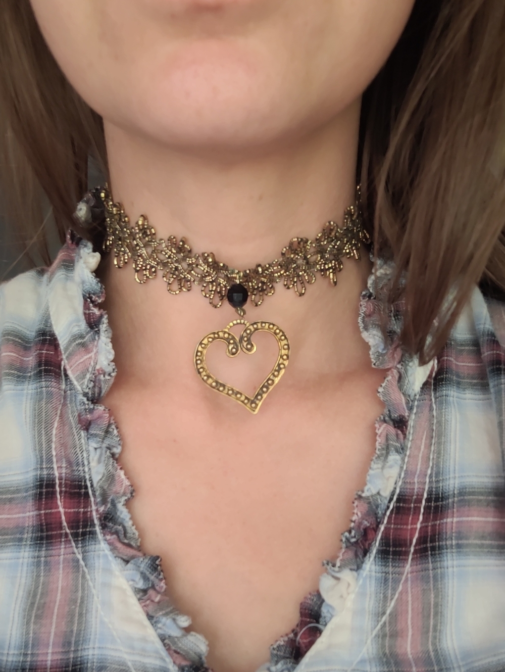 Vintage Gold Filigree Heart Choker Necklace with Black Accent
